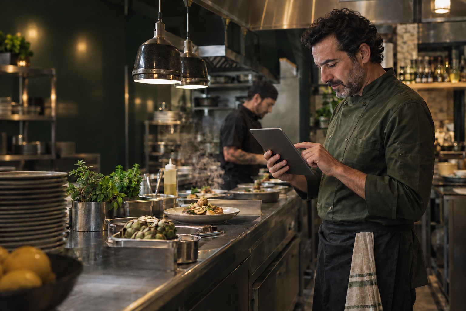 Cocinero consultando una tablet en el pase de su cocina, con los platos emplatados delante.